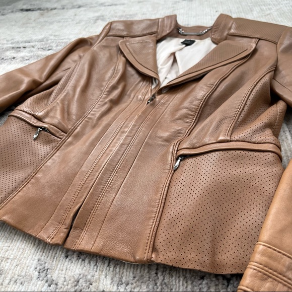 💔 SOLD 💔 White House Black Market Leather Peplum Jacket in Camel - Picture 2 of 16